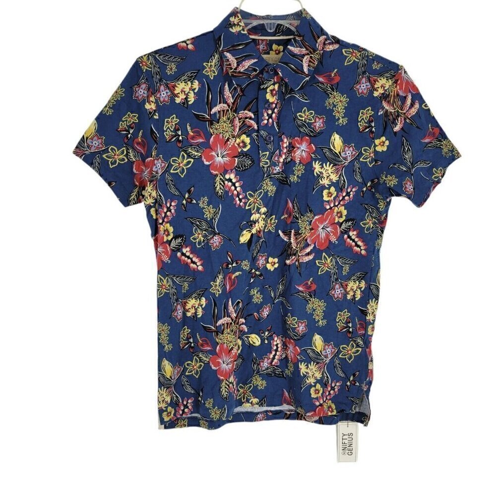 Blue Casual Button Down Shirt with Vibrant Floral Design